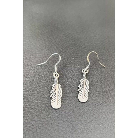 Feather Tiny Drop Hook Earrings .925 Sterling Silver Hook ~ Pewter Charm - Picture 3 of 4